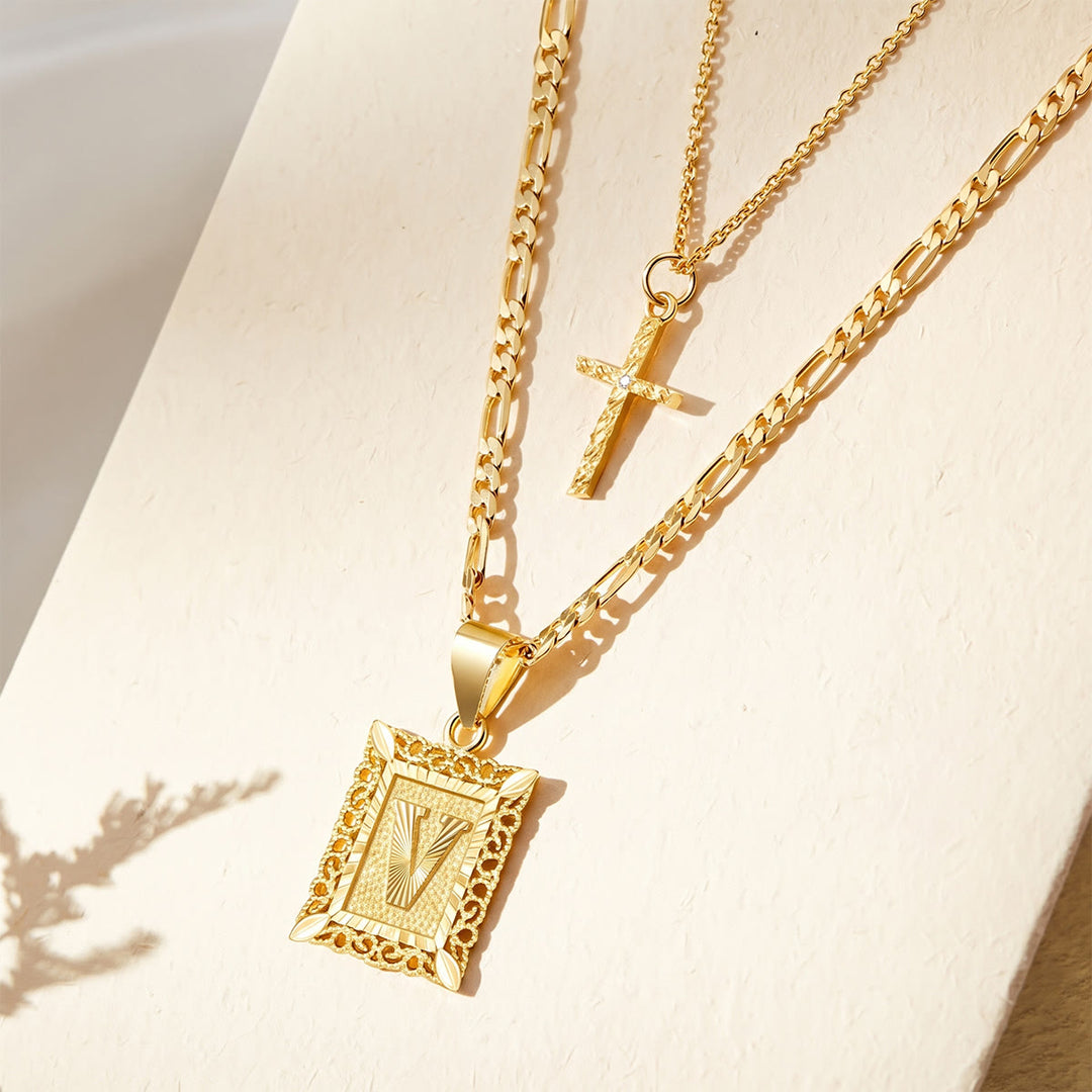 FREE Today: Dainty Stackable Two Tier Rhinestone Cross A To Z Initial Tag Figaro Chain Necklace: Timeless Emblem of Gentle Heavenly Guardianship - V - image 24