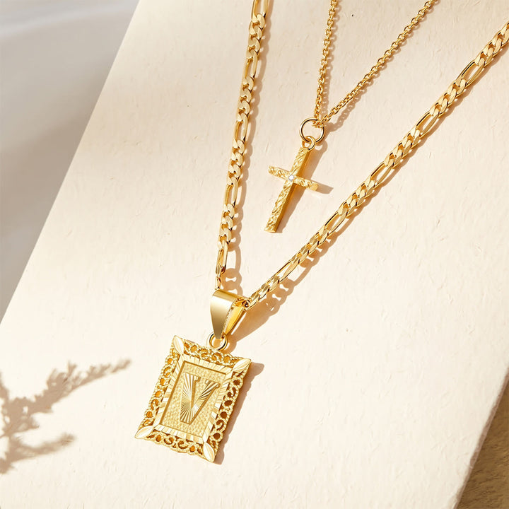 FREE Today: Dainty Stackable Two Tier Rhinestone Cross A To Z Initial Tag Figaro Chain Necklace: Timeless Emblem of Gentle Heavenly Guardianship - V - image 24