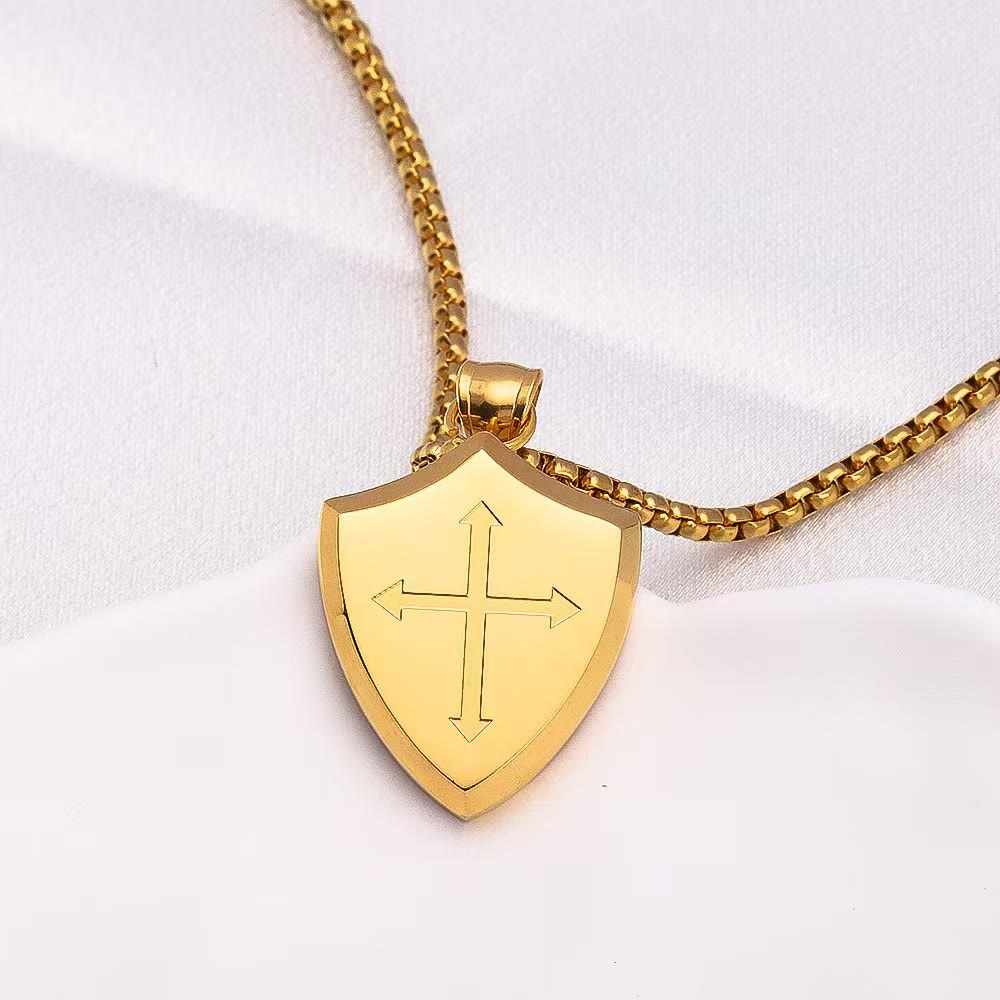 Christianartworkshop Double Sided Shield Rhinestone Cross Pendant Engraved Amor of God Joshua 1 Verse 9 Box Chain Necklace: Timeless Emblem of Gentle Heavenly Guardianship - Golden - image 9