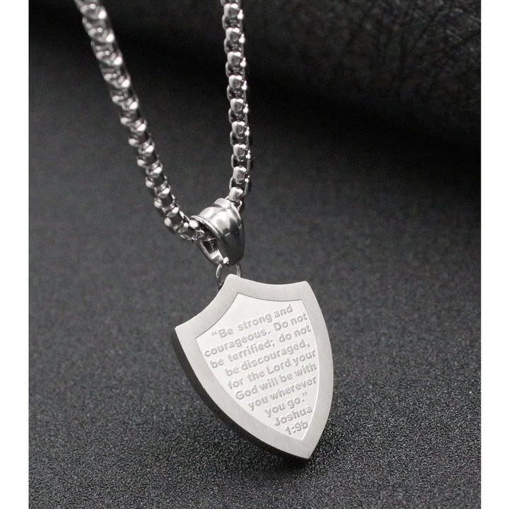 FREE Today: Double Sided Shield Rhinestone Cross Pendant Engraved Amor of God Joshua 1 Verse 9 Box Chain Necklace: Timeless Emblem of Gentle Heavenly Guardianship - image 5