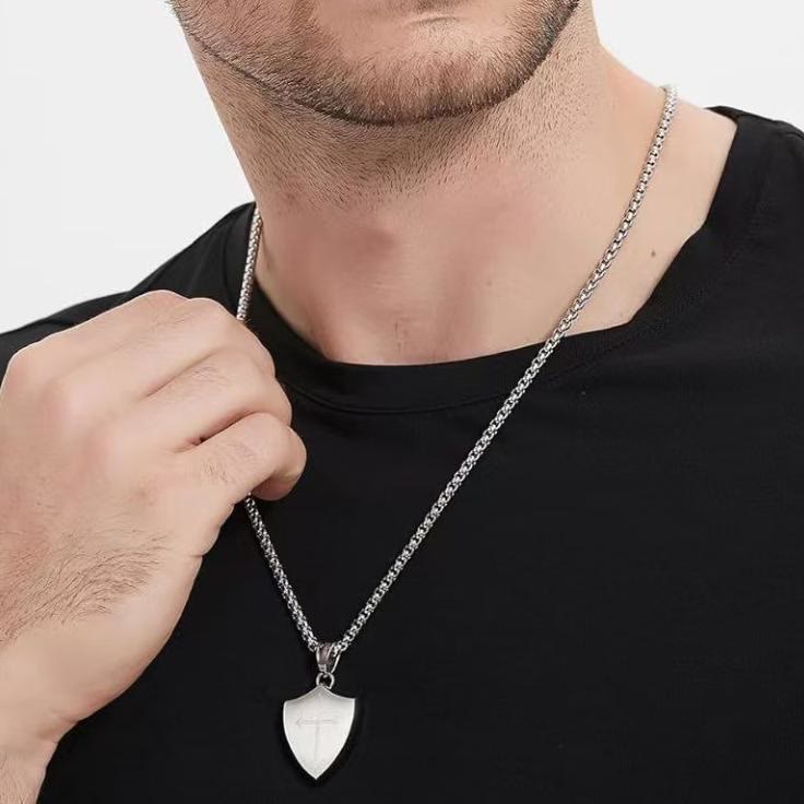 Christianartworkshop Double Sided Shield Rhinestone Cross Pendant Engraved Amor of God Joshua 1 Verse 9 Box Chain Necklace: Timeless Emblem of Gentle Heavenly Guardianship - image 4