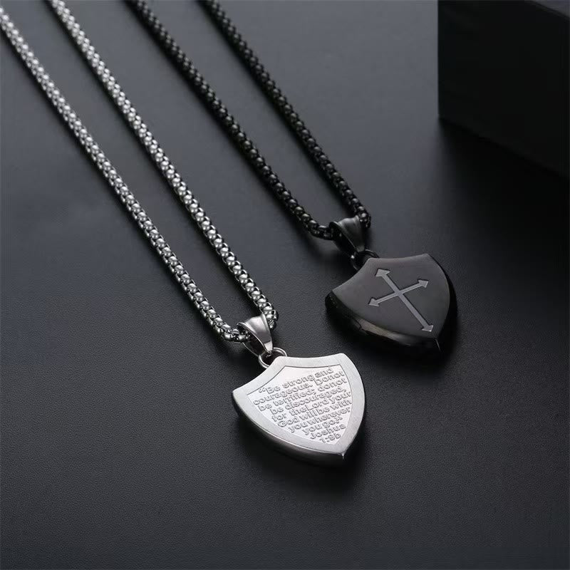 FREE Today: Double Sided Shield Rhinestone Cross Pendant Engraved Amor of God Joshua 1 Verse 9 Box Chain Necklace: Timeless Emblem of Gentle Heavenly Guardianship - image 0