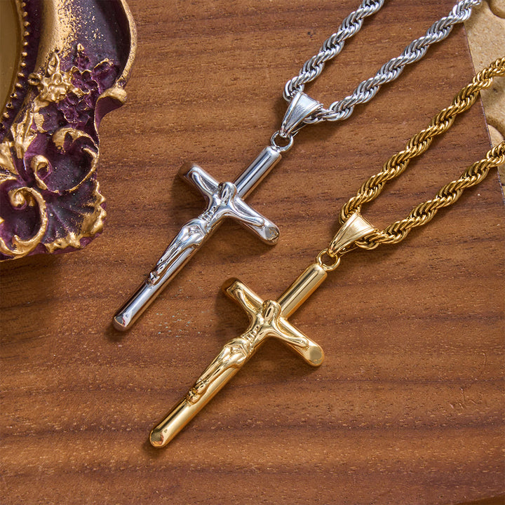 Christianartworkshop Relief Jesus Crucifix Pendant Twisted Rope Chain Necklace : Timeless Emblem of Gentle Heavenly Guardianship - image 0