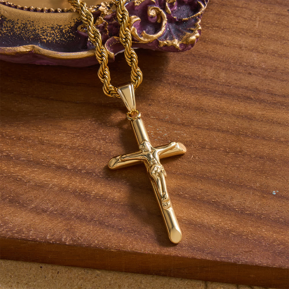 FREE Today: Relief Jesus Crucifix Pendant Twisted Rope Chain Necklace : Timeless Emblem of Gentle Heavenly Guardianship - Golden - image 1