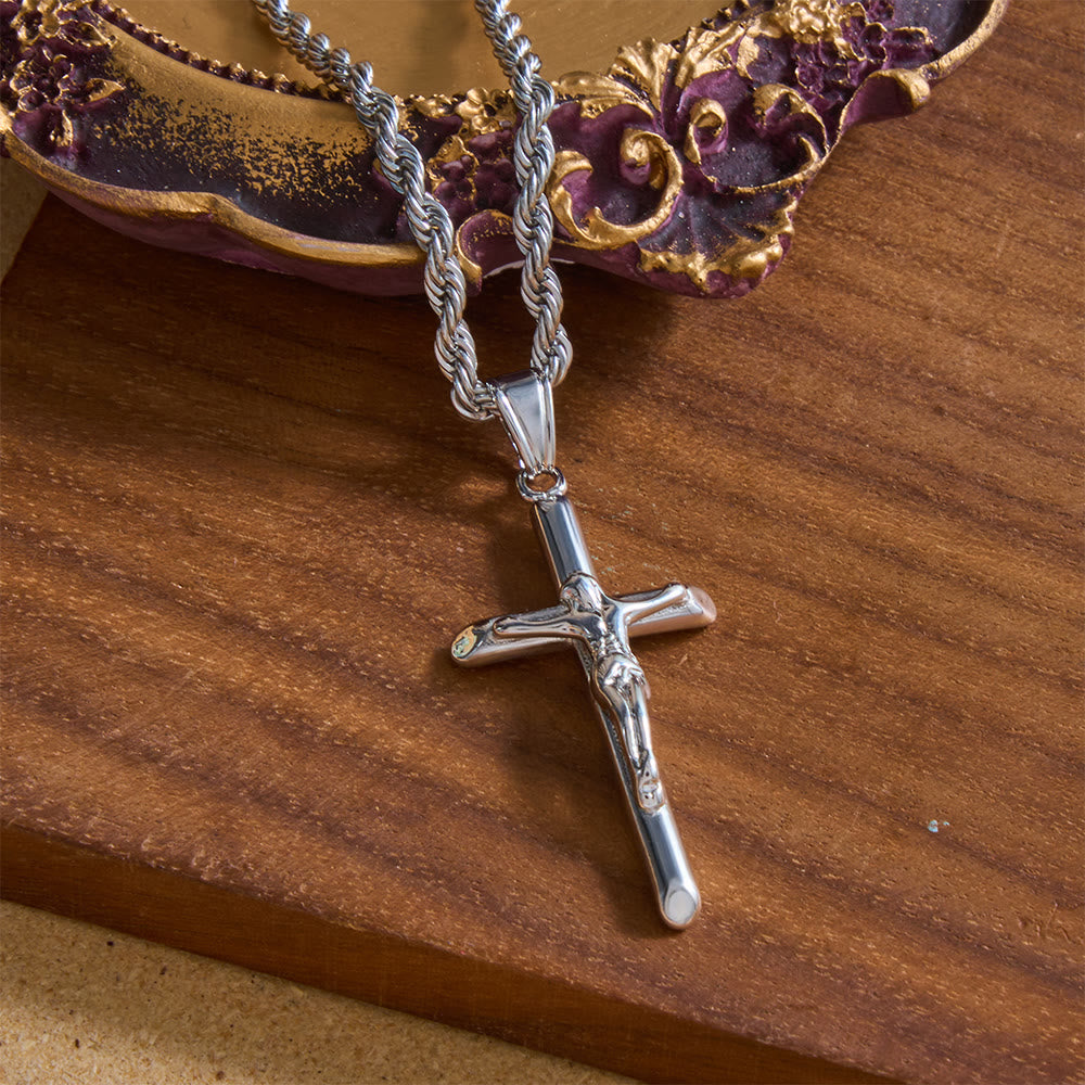 Christianartworkshop Relief Jesus Crucifix Pendant Twisted Rope Chain Necklace : Timeless Emblem of Gentle Heavenly Guardianship - Silver - image 3
