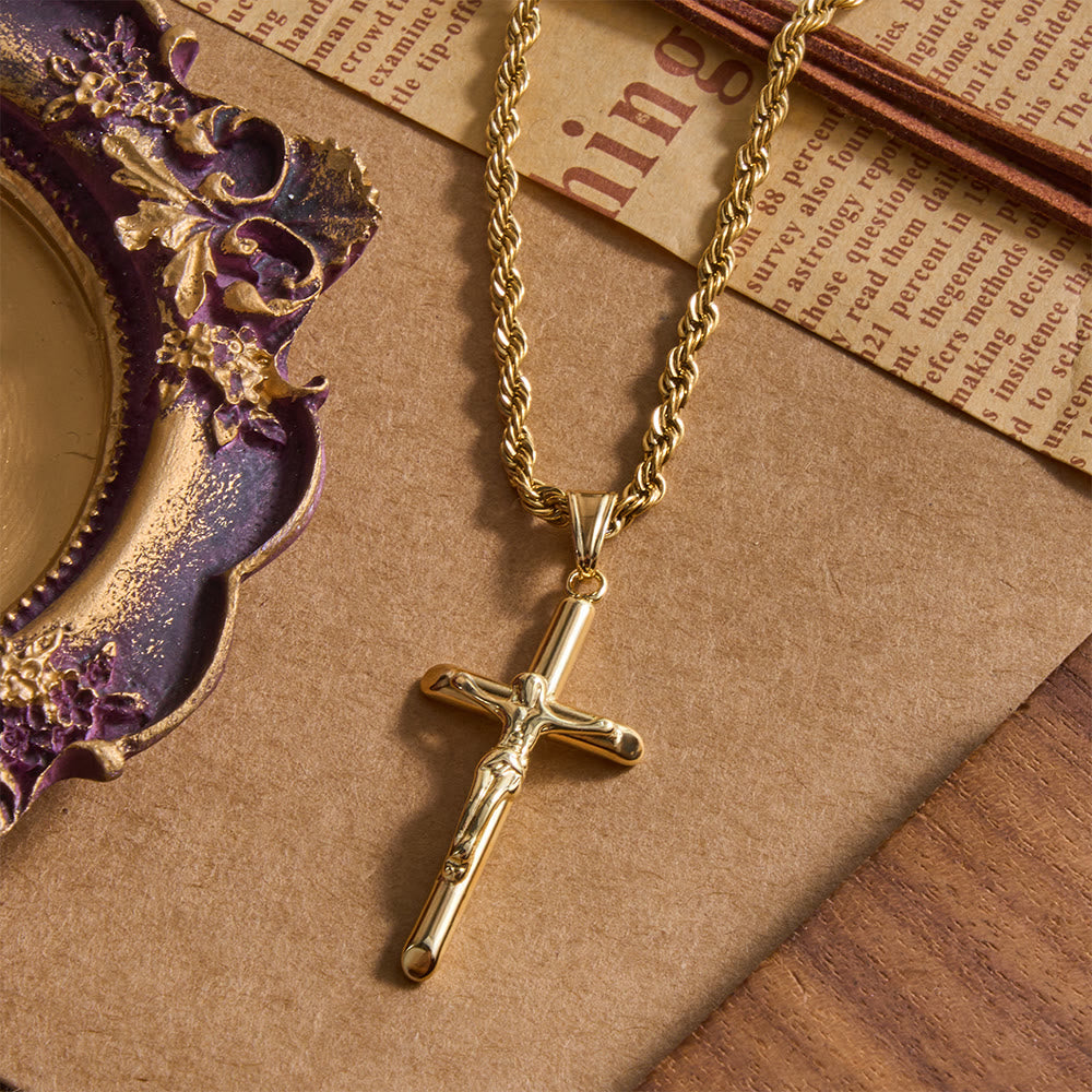 Christianartworkshop Relief Jesus Crucifix Pendant Twisted Rope Chain Necklace : Timeless Emblem of Gentle Heavenly Guardianship - image 2