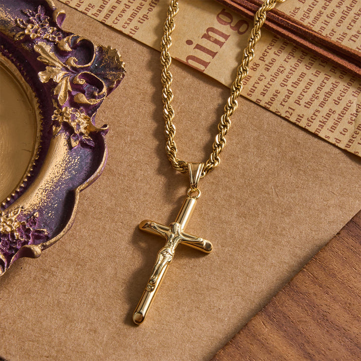Christianartworkshop Relief Jesus Crucifix Pendant Twisted Rope Chain Necklace : Timeless Emblem of Gentle Heavenly Guardianship - image 2