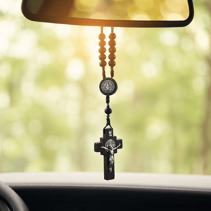 Christianartworkshop Round Bead Car Rosary Crucifix Our Lady Embossed Medal Car Hanging Pendant: A Reminder of Merciful Divine Protection on Every Trip - Crucifix&Our Lady - image 0
