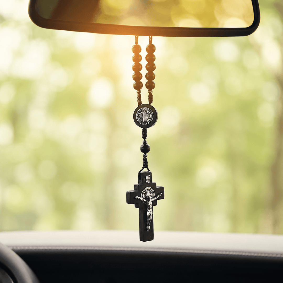 FREE Today: Round Bead Car Rosary Crucifix Our Lady Embossed Medal Car Hanging Pendant: A Reminder of Merciful Divine Protection on Every Trip - Crucifix & St.Benedict - image 0