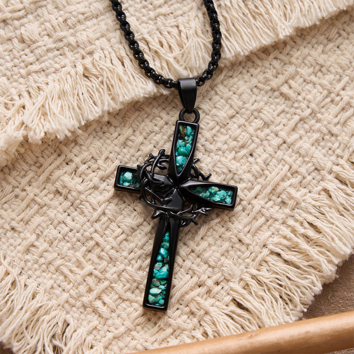 Christianartworkshop Western Bohemian Crushed Turquoise Inlaid Thorn Cross Necklace: Timeless Emblem of Gentle Heavenly Guardianship - image 1