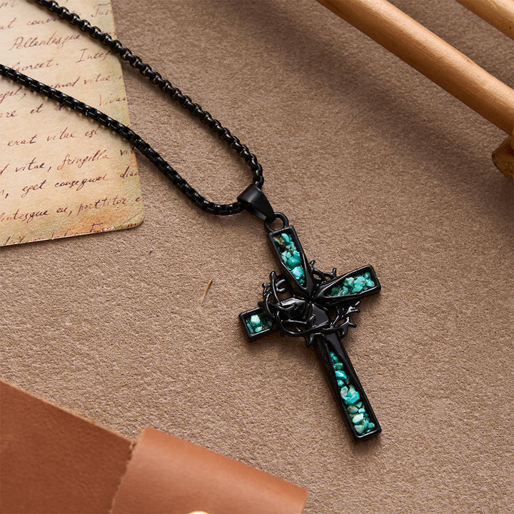 Christianartworkshop Western Bohemian Crushed Turquoise Inlaid Thorn Cross Necklace: Timeless Emblem of Gentle Heavenly Guardianship - image 3