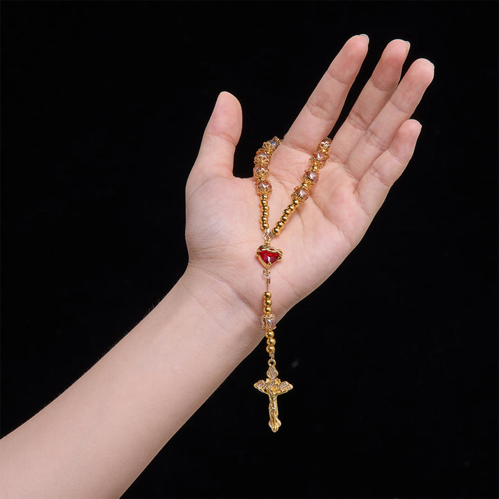 FREE Today: Luxe Champagne-Tone Pocket Rosary With Sacred Heart & Jeweled Crucifix: Dual-Use Prayer & Car Hanging Charm - image 1