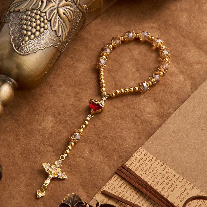 FREE Today: Luxe Champagne-Tone Pocket Rosary With Sacred Heart & Jeweled Crucifix: Dual-Use Prayer & Car Hanging Charm - Sacred Heart Rosary - image 0