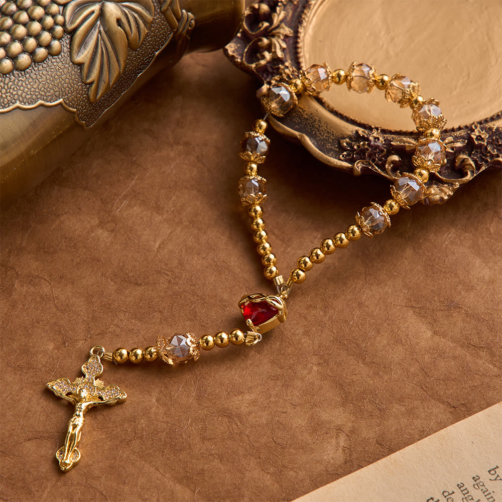 FREE Today: Luxe Champagne-Tone Pocket Rosary With Sacred Heart & Jeweled Crucifix: Dual-Use Prayer & Car Hanging Charm - image 4