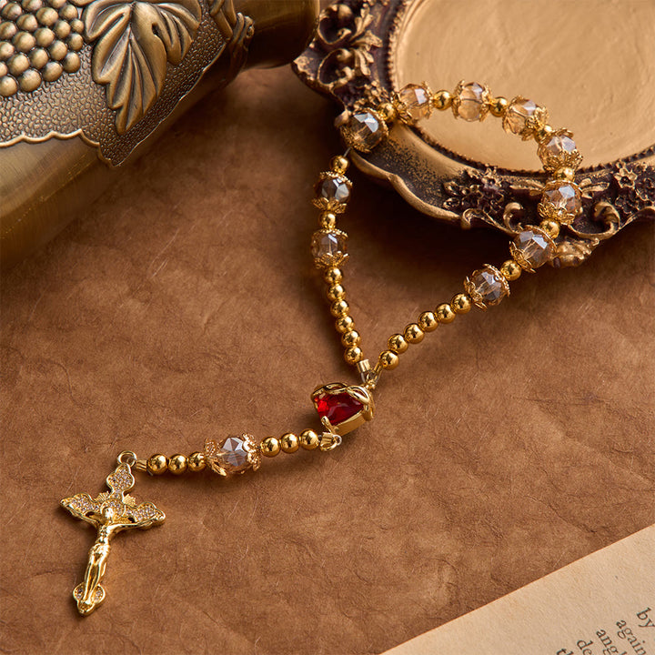 FREE Today: Luxe Champagne-Tone Pocket Rosary With Sacred Heart & Jeweled Crucifix: Dual-Use Prayer & Car Hanging Charm - image 4