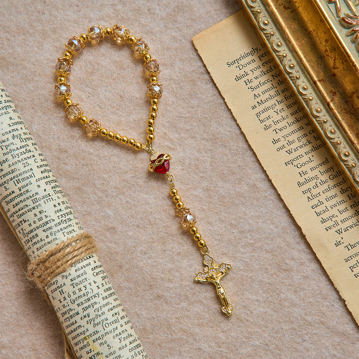 Christianartworkshop Luxe Champagne-Tone Pocket Rosary With Sacred Heart & Jeweled Crucifix: Dual-Use Prayer & Car Hanging Charm - image 2