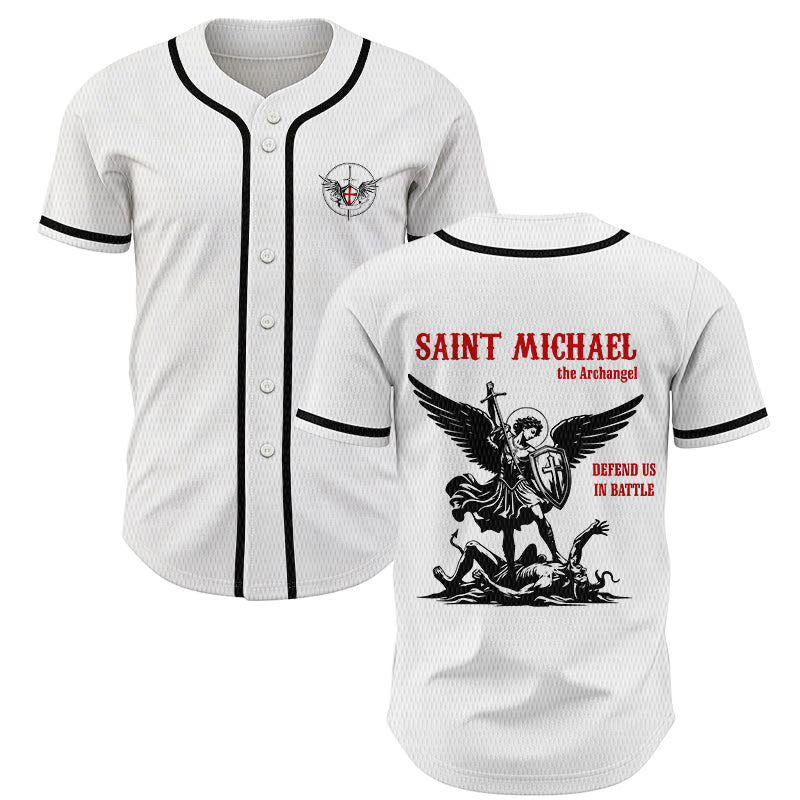 Christianartworkshop St.Michael Archangel Defend Us Unisex Baseball Jersey - White - 5XL - image 0