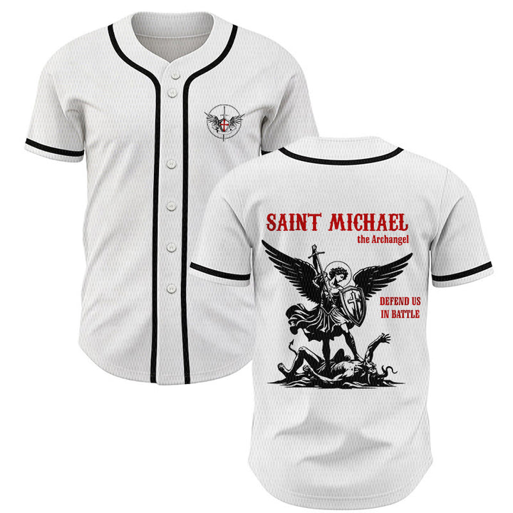 Christianartworkshop St.Michael Archangel Defend Us Unisex Baseball Jersey - White - 5XL - image 0