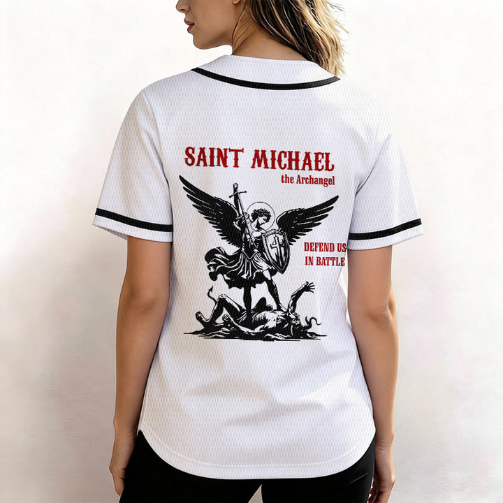 Christianartworkshop St.Michael Archangel Defend Us Unisex Baseball Jersey - image 6