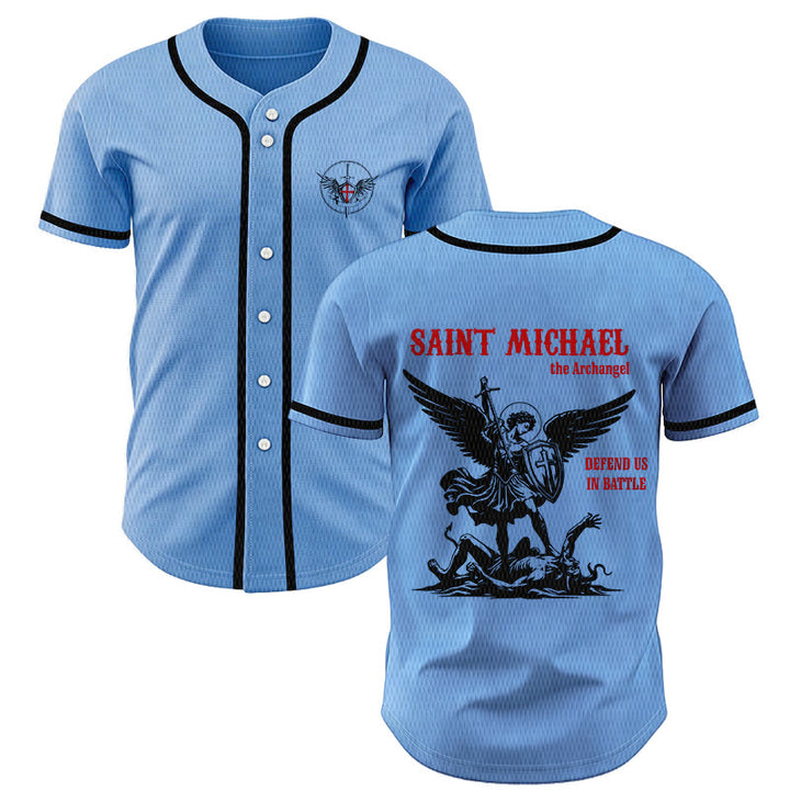Christianartworkshop St.Michael Archangel Defend Us Unisex Baseball Jersey - Blue - 5XL - image 28