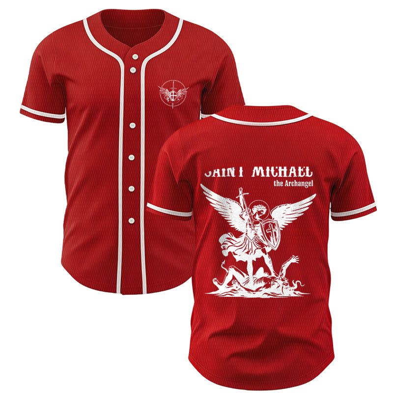 Christianartworkshop St.Michael Archangel Defend Us Unisex Baseball Jersey - Red - 5XL - image 14