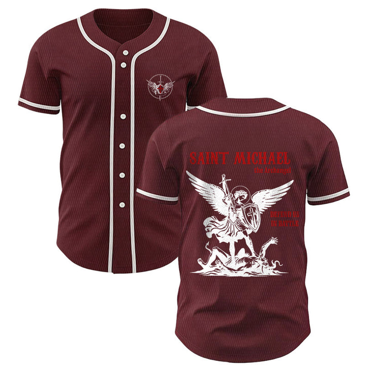 Christianartworkshop St.Michael Archangel Defend Us Unisex Baseball Jersey - Wine - 5XL - image 21