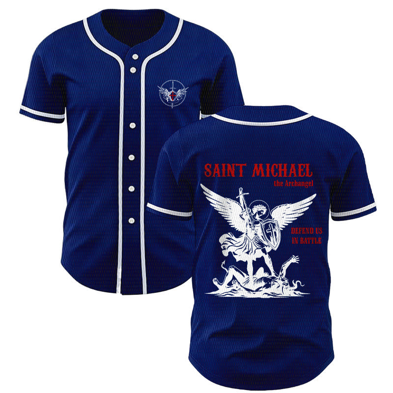 Christianartworkshop St.Michael Archangel Defend Us Unisex Baseball Jersey - Navy Blue - 5XL - image 35