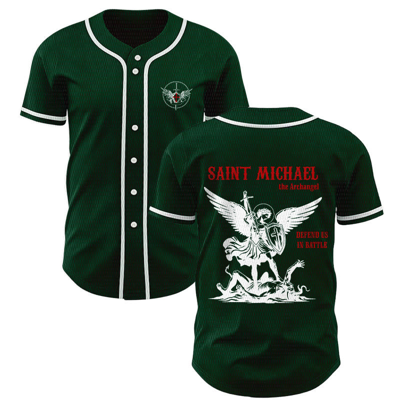 Christianartworkshop St.Michael Archangel Defend Us Unisex Baseball Jersey - Green - 5XL - image 42