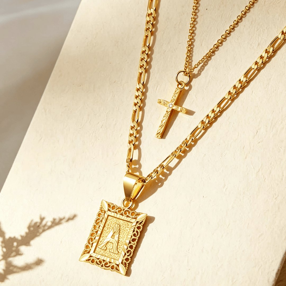 FREE Today: Dainty Stackable Two Tier Rhinestone Cross A To Z Initial Tag Figaro Chain Necklace: Timeless Emblem of Gentle Heavenly Guardianship - A - image 0