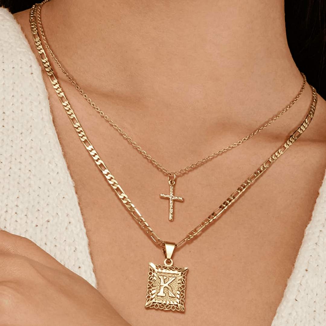 FREE Today: Dainty Stackable Two Tier Rhinestone Cross A To Z Initial Tag Figaro Chain Necklace: Timeless Emblem of Gentle Heavenly Guardianship - image 2