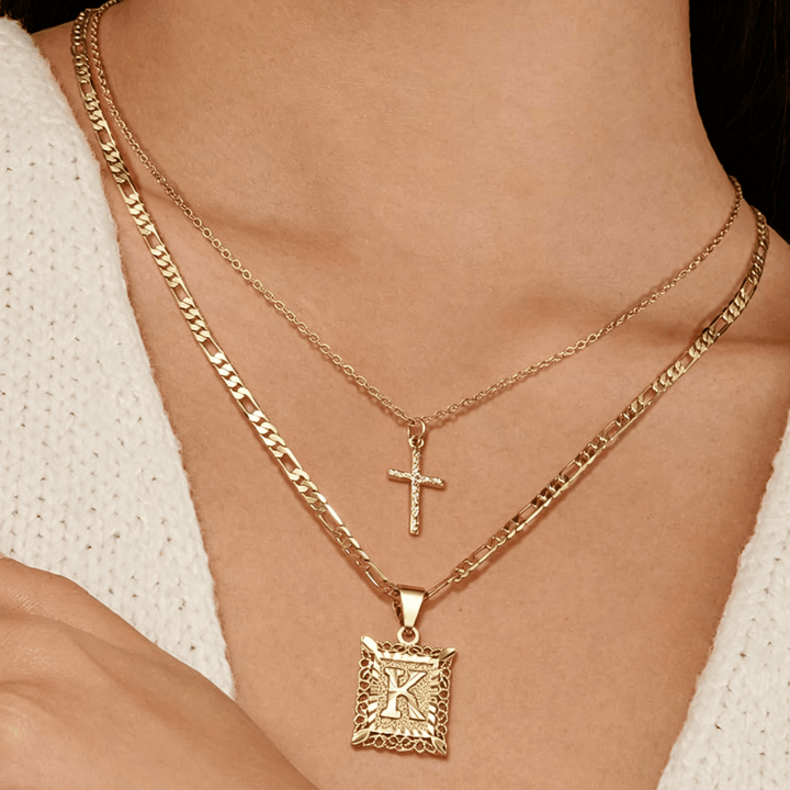 FREE Today: Dainty Stackable Two Tier Rhinestone Cross A To Z Initial Tag Figaro Chain Necklace: Timeless Emblem of Gentle Heavenly Guardianship - image 2