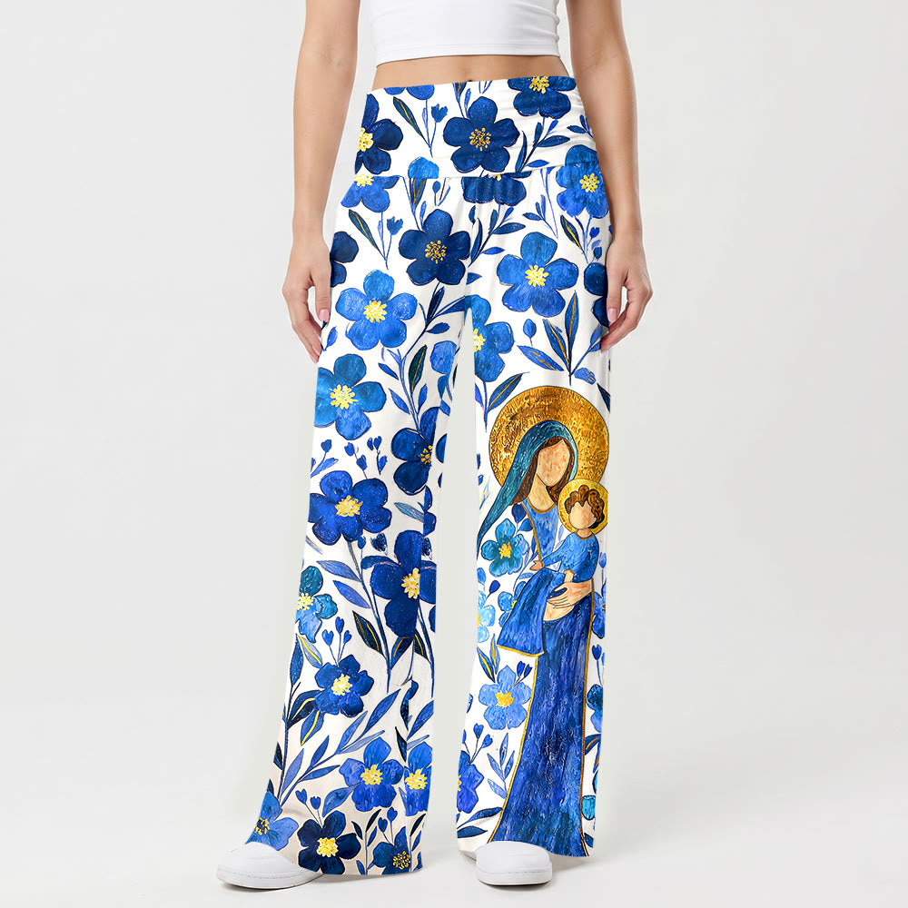 Christianartworkshop Watercolor Floral Virgin Mary And Child Fold Over High Waist Wide Leg Pants - image 1