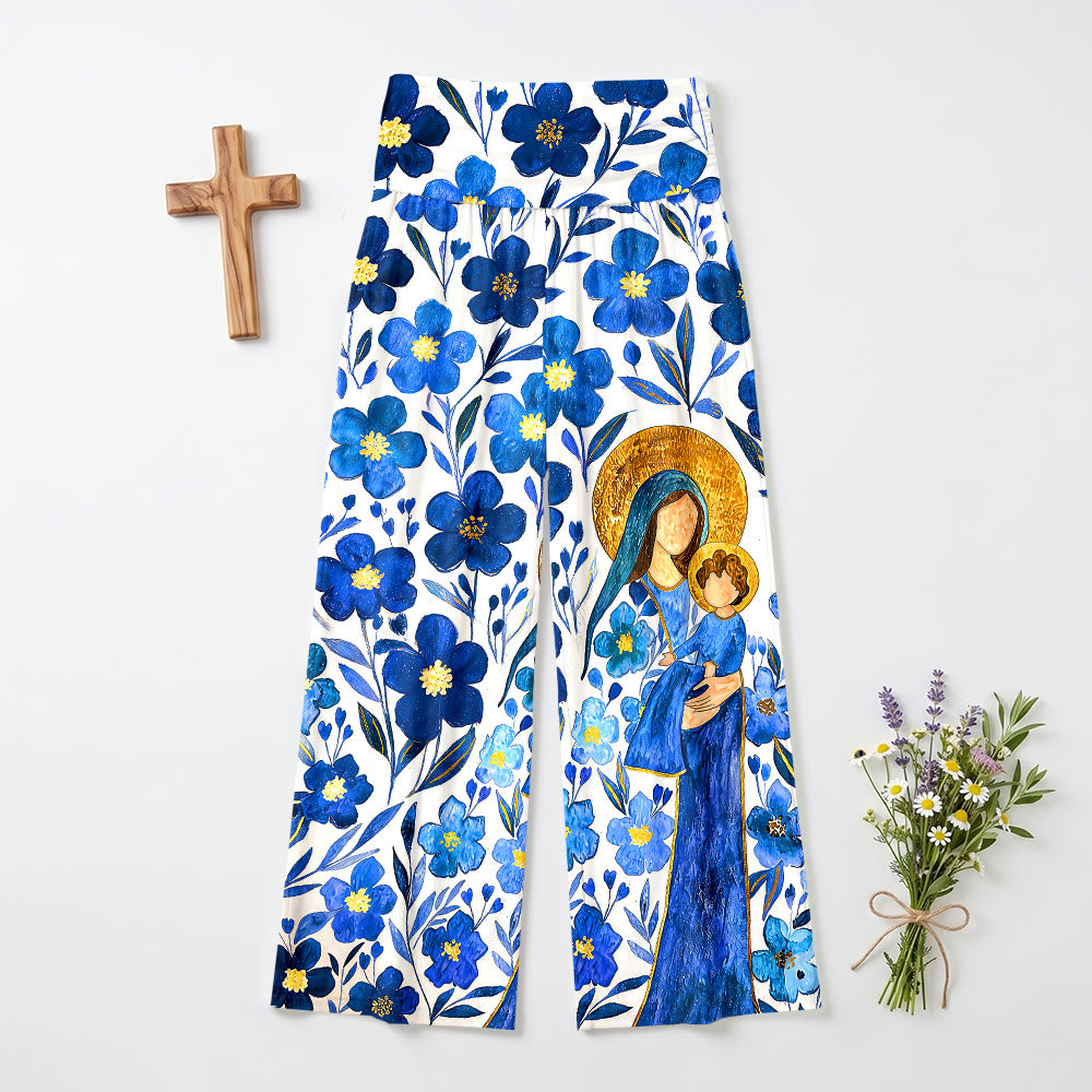 Christianartworkshop Watercolor Floral Virgin Mary And Child Fold Over High Waist Wide Leg Pants - US22,UK/AU26,EU54(6XL) - image 0