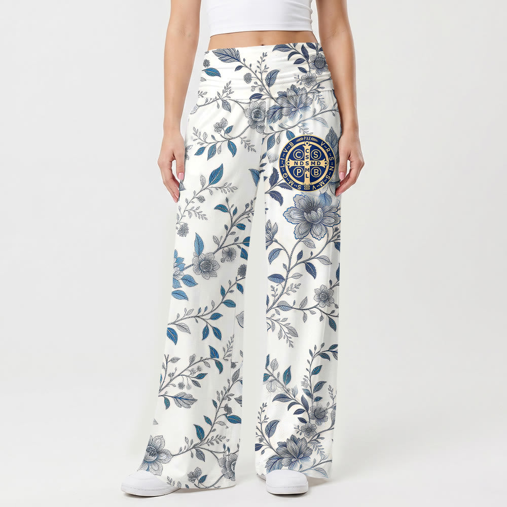 Christianartworkshop Vintage Blue Grey Vine Floral Ornate Cross Medallion High Waist Wide Leg Pants - image 1