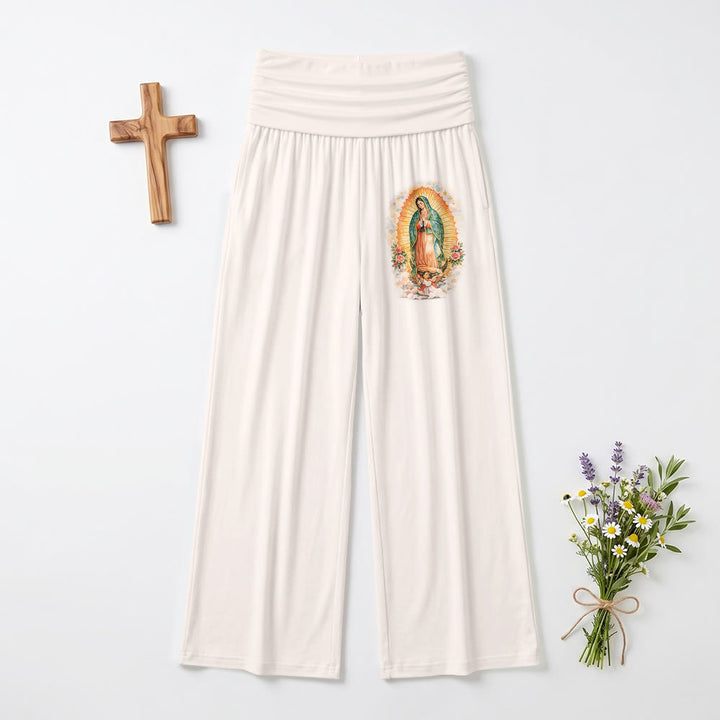 Christianartworkshop Solid Our Lady Of Guadalupe Single Portrait Print Fold Over High Waist Wide Leg Pants - Beige - US22,UK/AU26,EU54(6XL) - image 6