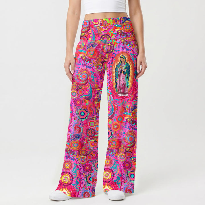 Christianartworkshop Psychedelic Circular Mandala Guadalupe Virgin Mary High Waist Wide Leg Pants - image 1
