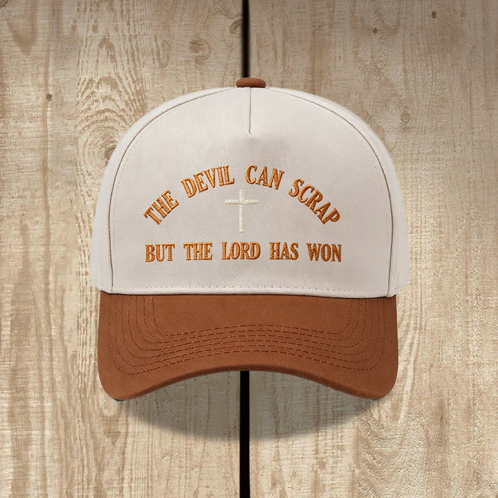 Christianartworkshop Arch Scripture Cross Motif THE DEVIL CAN SCRAP BUT THE LORD HAS WON Embroidery Washed Baseball Cap - Coffee - image 6