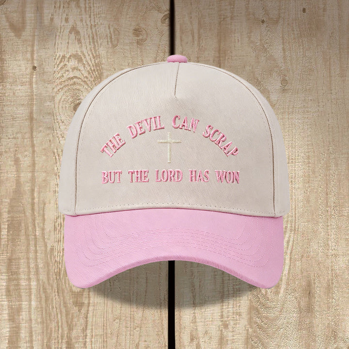 Christianartworkshop Arch Scripture Cross Motif THE DEVIL CAN SCRAP BUT THE LORD HAS WON Embroidery Washed Baseball Cap - Pink - image 8