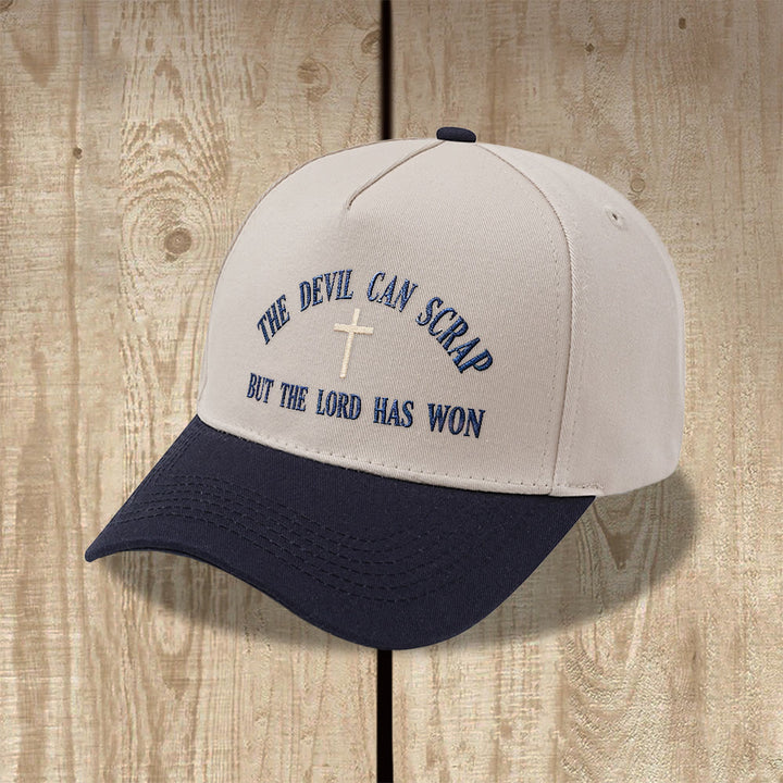 Christianartworkshop Arch Scripture Cross Motif THE DEVIL CAN SCRAP BUT THE LORD HAS WON Embroidery Washed Baseball Cap - image 3