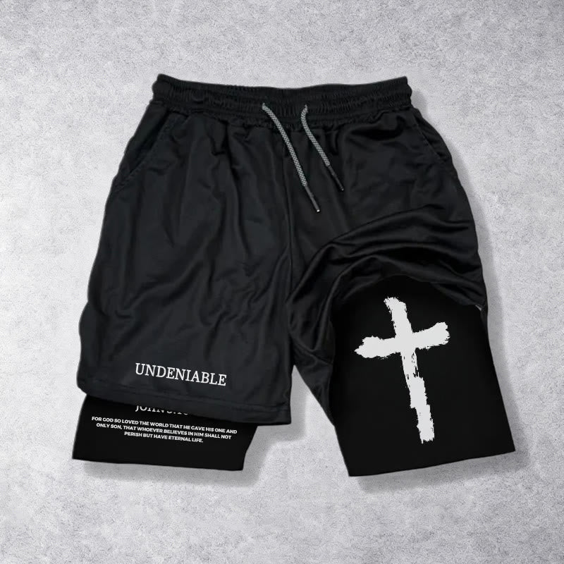 Christianartworkshop Undeniable Letter Outer Brushstroke Cross John 3:16 Full Verse Inner Two-Layer Drawstring Faith Shorts - Black - 3XL - image 0