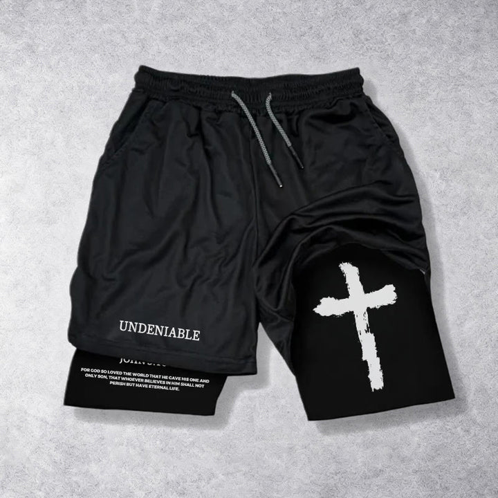 Christianartworkshop Undeniable Letter Outer Brushstroke Cross John 3:16 Full Verse Inner Two-Layer Drawstring Faith Shorts - Black - 3XL - image 0