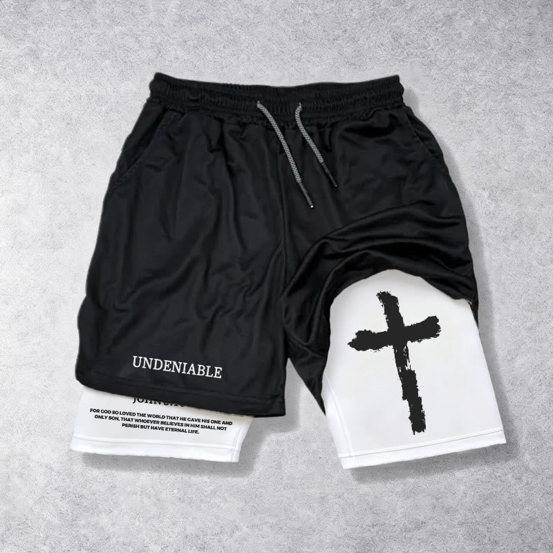 Christianartworkshop Undeniable Letter Outer Brushstroke Cross John 3:16 Full Verse Inner Two-Layer Drawstring Faith Shorts - White - 3XL - image 5