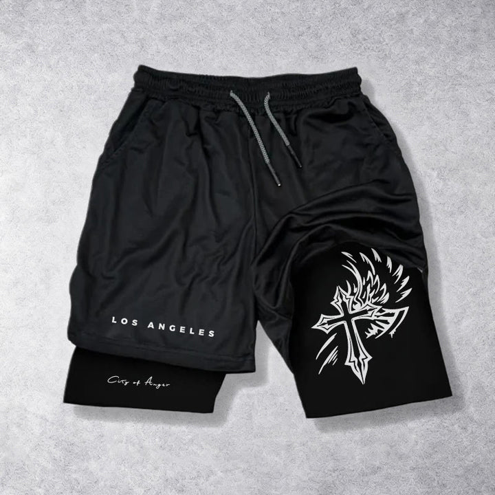 Christianartworkshop Los Angeles Letter Outer Flame Wing Cross City of Anger Hand Script Inner Two-Layer Drawstring Faith Shorts - Black - 3XL - image 0