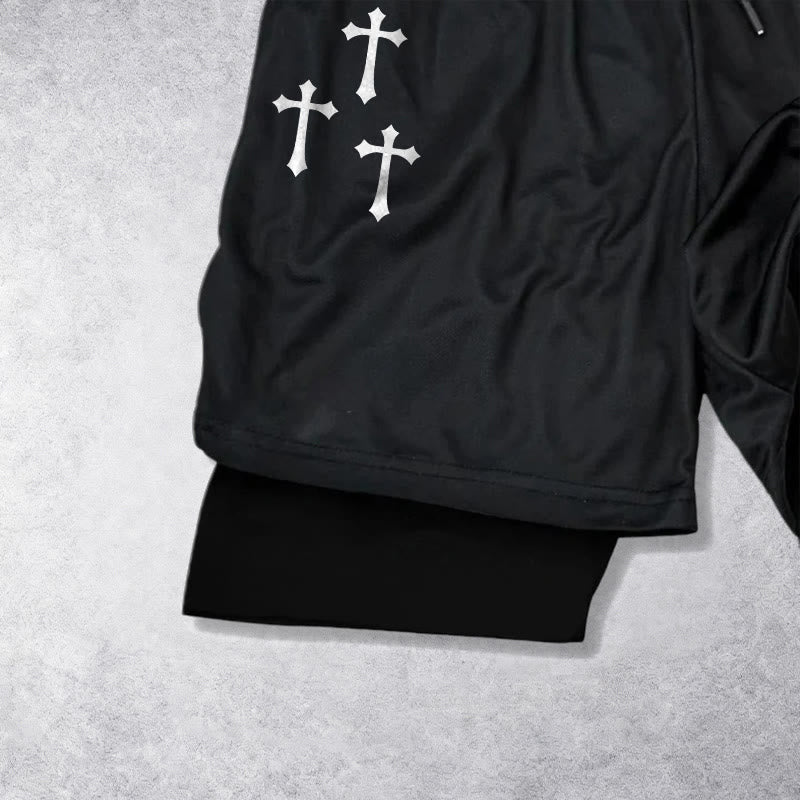 Christianartworkshop Triple Cross Outer Cherub Angel Sculpture Inner Two-Layer Drawstring Faith Shorts - image 3