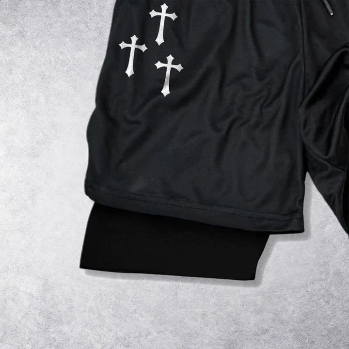 Christianartworkshop Triple Cross Outer Cherub Angel Sculpture Inner Two-Layer Drawstring Faith Shorts - image 3