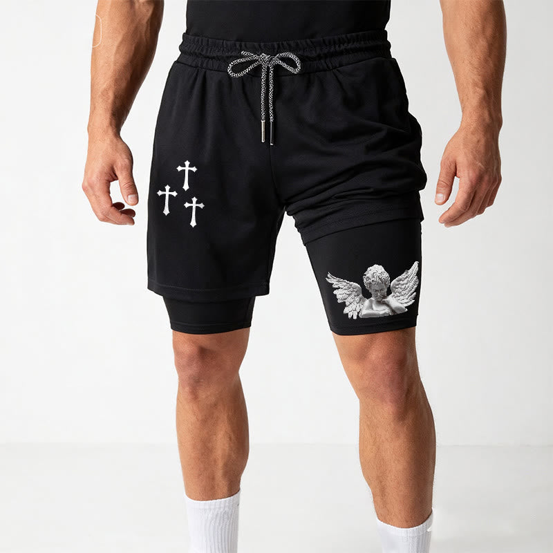 Christianartworkshop Triple Cross Outer Cherub Angel Sculpture Inner Two-Layer Drawstring Faith Shorts - image 2