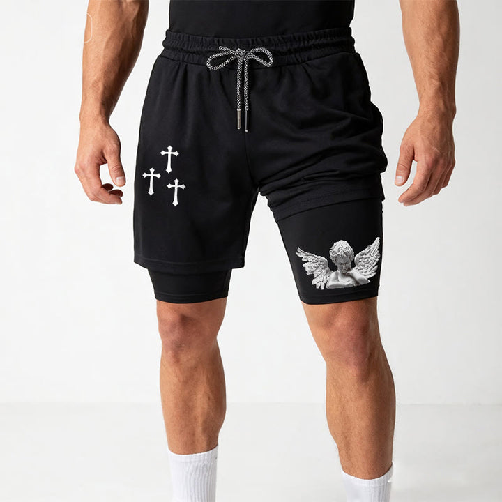 Christianartworkshop Triple Cross Outer Cherub Angel Sculpture Inner Two-Layer Drawstring Faith Shorts - image 2