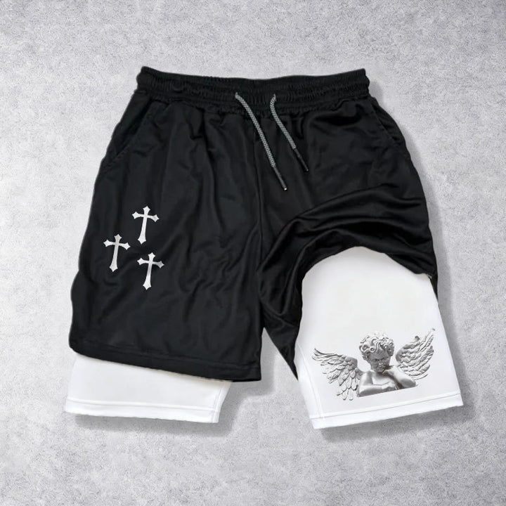 Christianartworkshop Triple Cross Outer Cherub Angel Sculpture Inner Two-Layer Drawstring Faith Shorts - White - 3XL - image 5