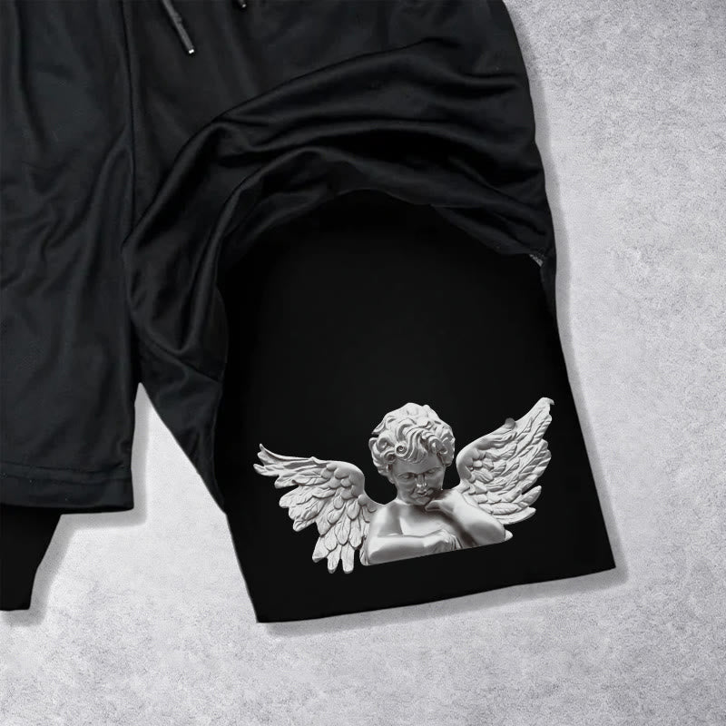 Christianartworkshop Triple Cross Outer Cherub Angel Sculpture Inner Two-Layer Drawstring Faith Shorts - image 4
