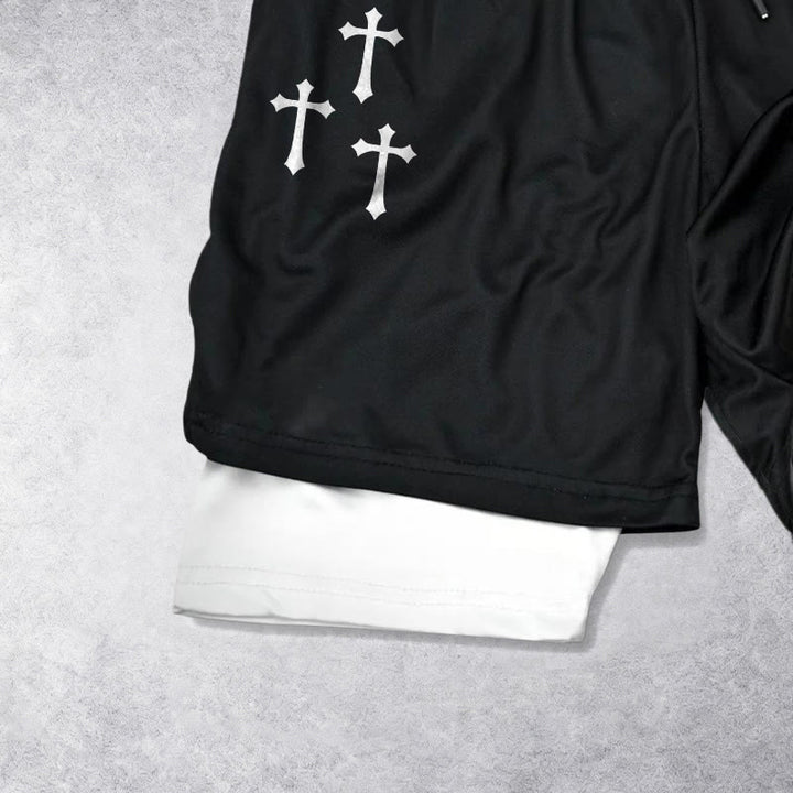 Christianartworkshop Triple Cross Outer Cherub Angel Sculpture Inner Two-Layer Drawstring Faith Shorts - image 8